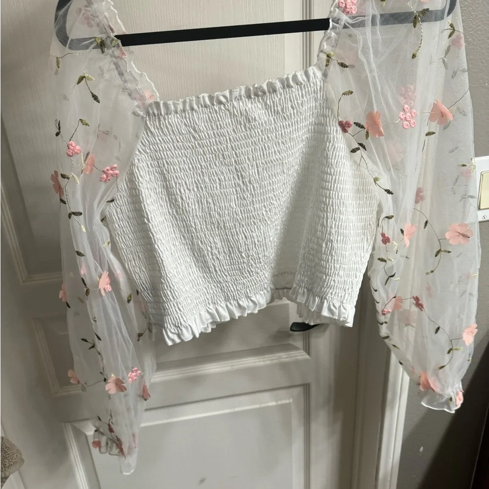 white floral shirred off the shoulder top mesh sleeves - Picture 5 of 5